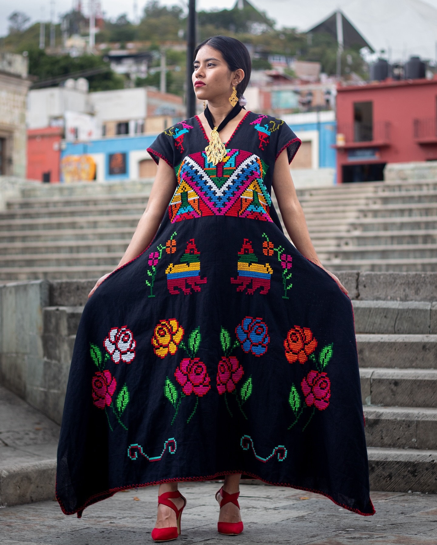 green emerald velvet dress Chilac Embroidered Mexican Long Dress main image 0