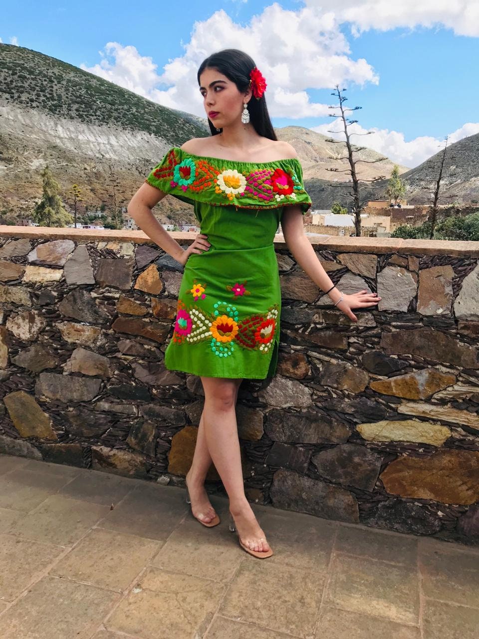 mexican inspired embroidered dress Mexican off the Shoulder Dress. Floral Hand Embroidered Dress. Artisanal Mexican  Dress. Traditional Mexican Dress. Frida Kahlo Style