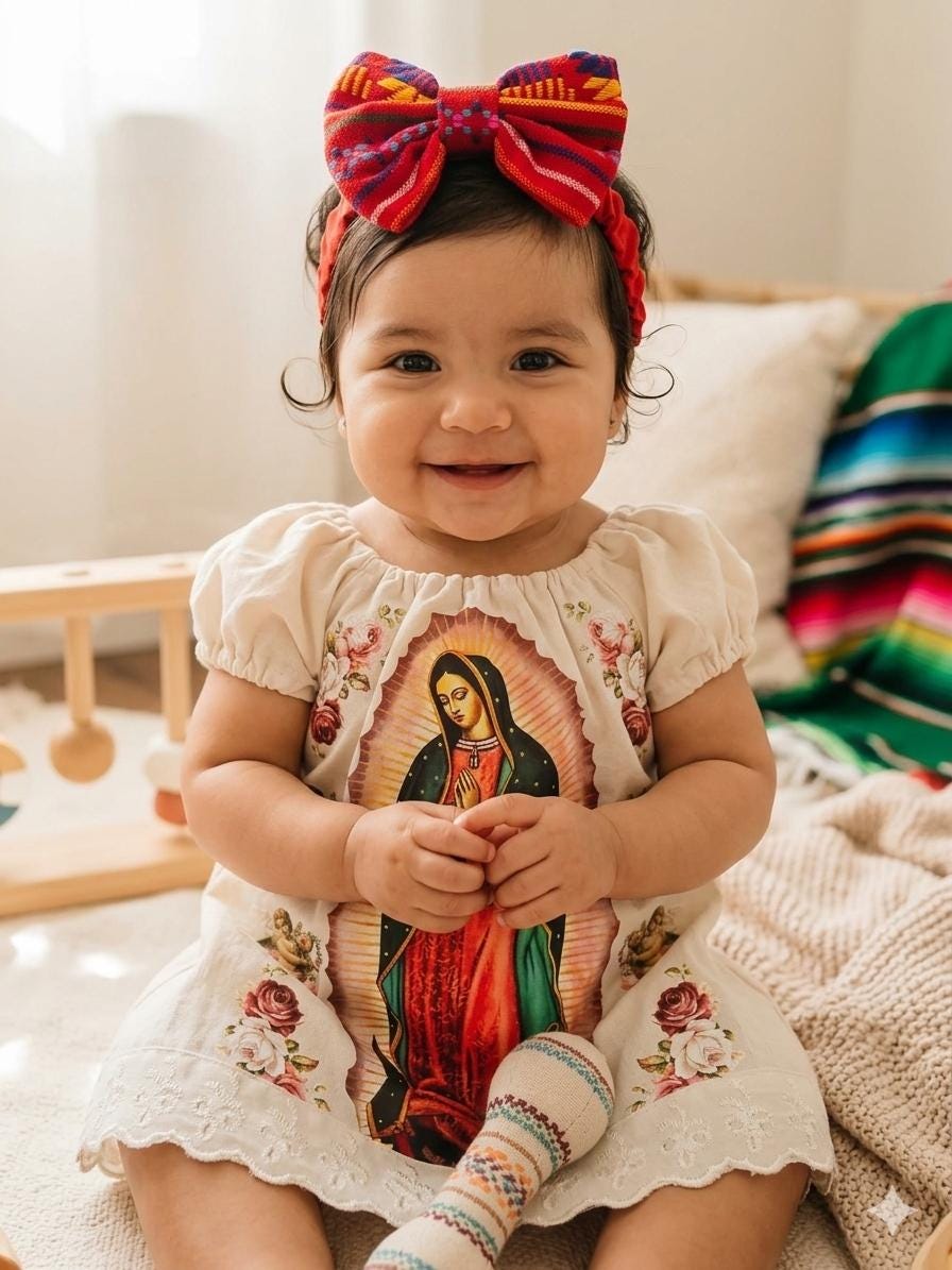 knee length dresses for ladies Virgen de Guadalupe Baptism Dress, White Christening Gown, Baby Girl B –  STYLO main image 1