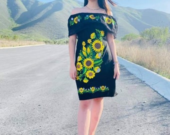 Sunflower Off the Shoulder Dress. Floral Embroidered Dress. Short Floral Dress. Mexican Traditional Dress. Sunflower Embroidered Dress.