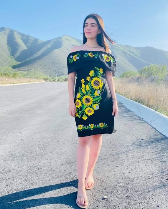 Sunflower off the Shoulder Dress. Floral Embroidered Dress. Short Floral  Dress. Mexican Traditional Dress. Sunflower Embroidered Dress. - Etsy