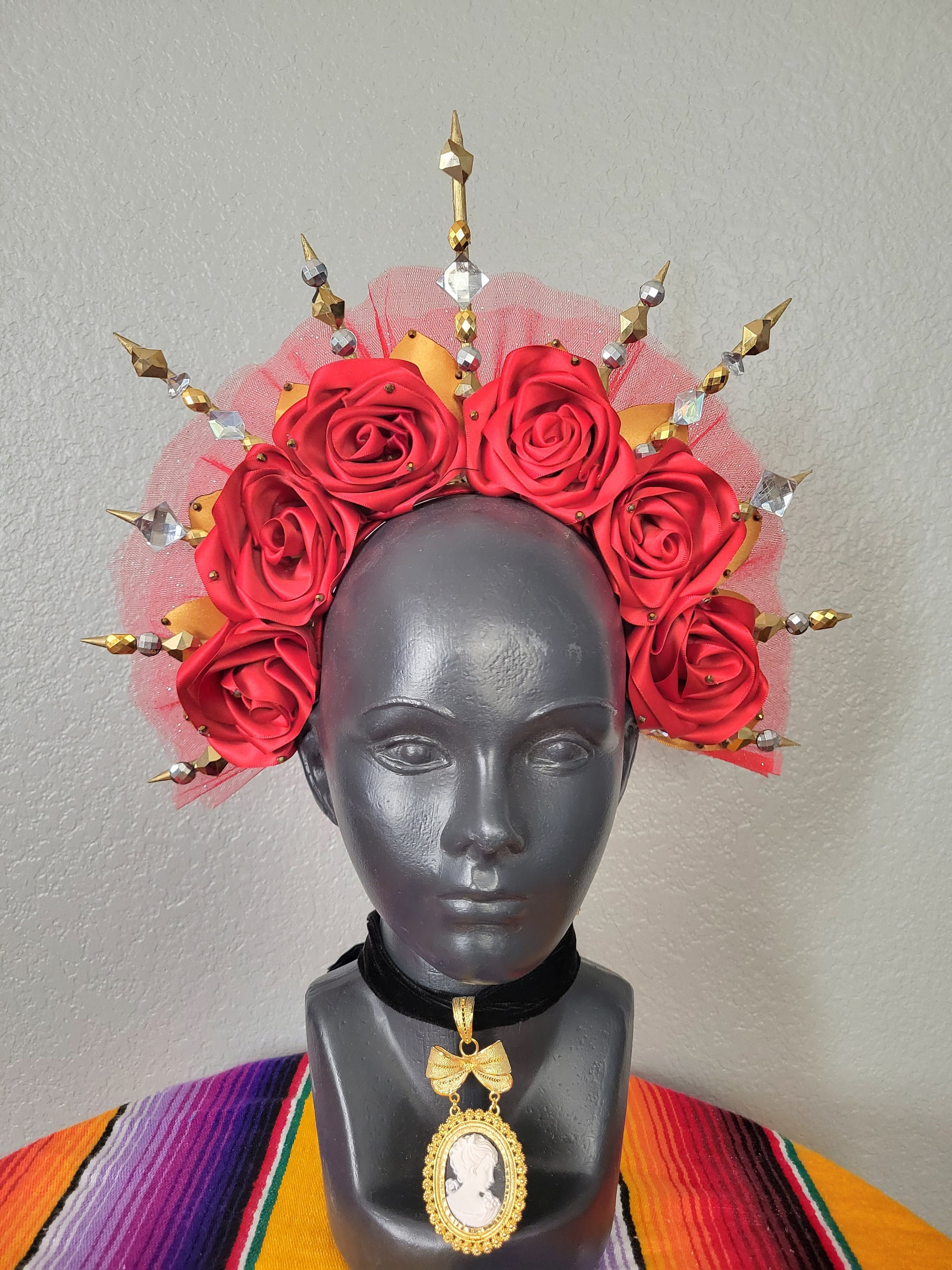 Elegant Floral Head wreath/ Catrina crown with Red and Flowers and 3 mode LEDs! La Catrina Crown: Red Roses, Gold Halo, Gothic Dia De  main image 2