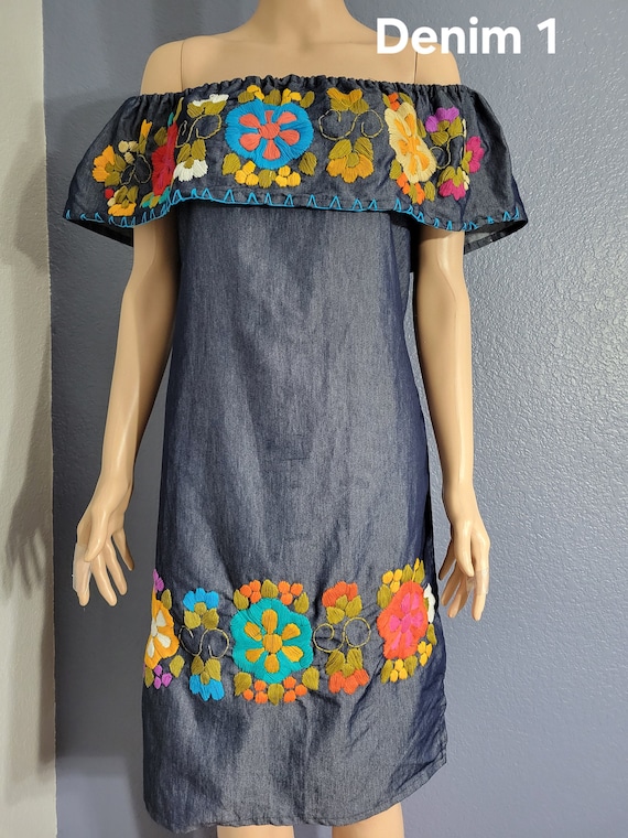 denim mexican dress Denim Mexican Off the Shoulder Dress. Floral Hand Embroidered Dress. Artisanal Mexican Dress. Traditional Mexican Dress. Frida Kahlo Style