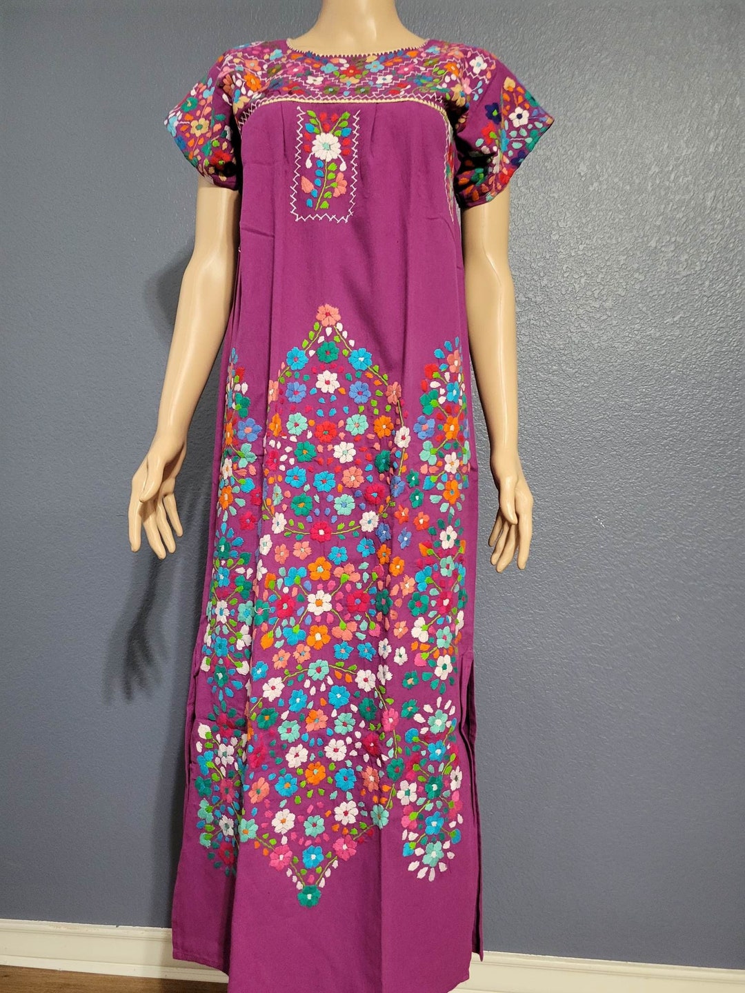 Long Maxi Mexican Dress, Hand Embroidered Mexican Dress, Mexican Floral ...