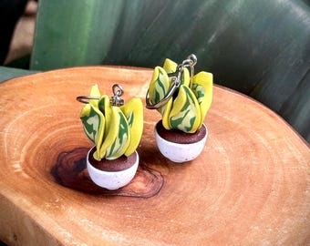 Handmade Snake Plant Earrings – Miniature Polymer Clay Planter Jewelry