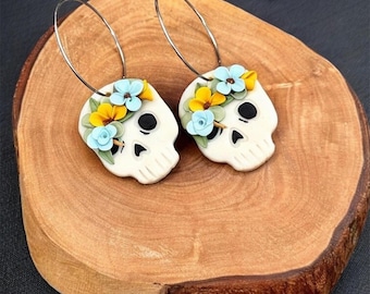 Handmade Polymer Clay Calavera Hoop Earrings – Floral Skull Design (Dia de los Muertos)