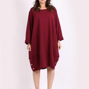 Womens Italian Buttoned Hem Lagenlook Cotton Long Sleeve Tunic Dress Plus Top Wine