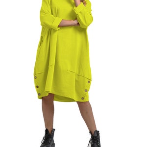 Womens Italian Buttoned Hem Lagenlook Cotton Long Sleeve Tunic Dress Plus Top Yellow
