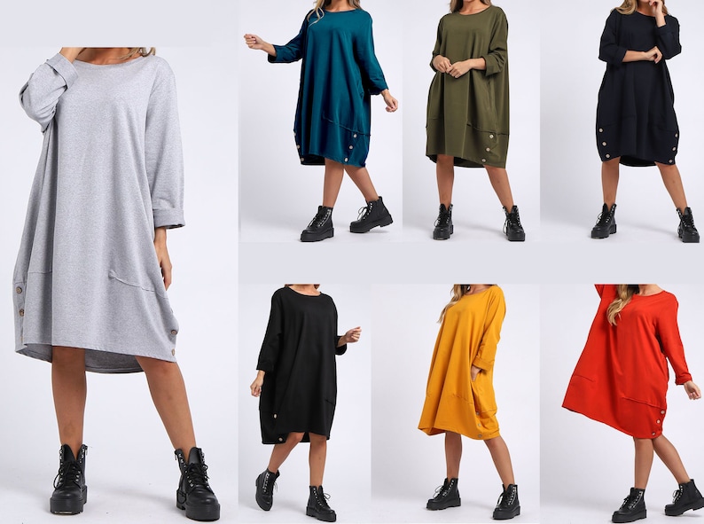 Womens Italian Buttoned Hem Lagenlook Cotton Long Sleeve Tunic Dress Plus Top image 1