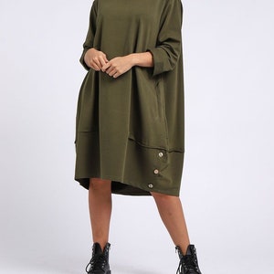 Womens Italian Buttoned Hem Lagenlook Cotton Long Sleeve Tunic Dress Plus Top Khaki