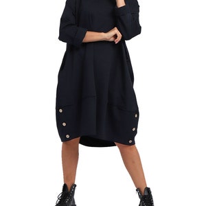 Womens Italian Buttoned Hem Lagenlook Cotton Long Sleeve Tunic Dress Plus Top Navy