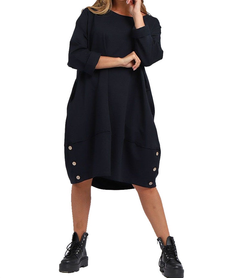 Womens Italian Buttoned Hem Lagenlook Cotton Long Sleeve Tunic Dress Plus Top Navy