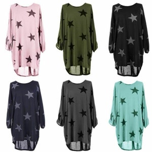 Italian Women's Star Print Lagenlook Batwing Top Fine Knitted Tunic Loose Baggy Plus Sizes