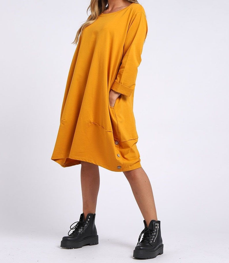 Womens Italian Buttoned Hem Lagenlook Cotton Long Sleeve Tunic Dress Plus Top Mustard