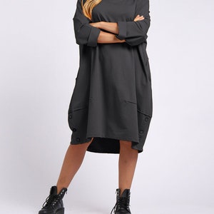Womens Italian Buttoned Hem Lagenlook Cotton Long Sleeve Tunic Dress Plus Top Charcoal