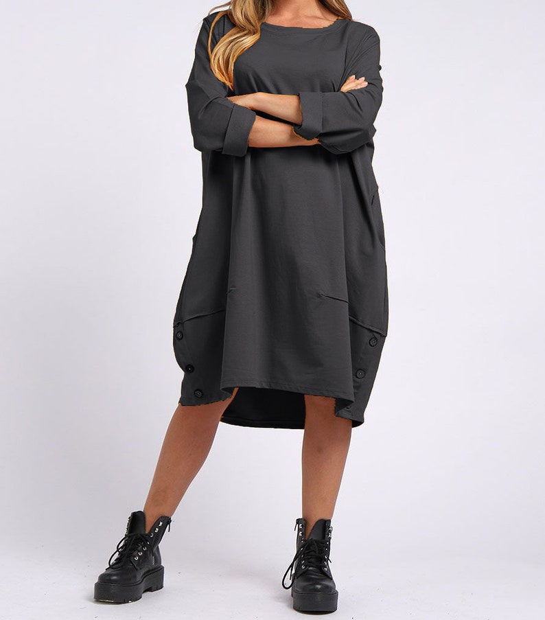 Womens Italian Buttoned Hem Lagenlook Cotton Long Sleeve Tunic Dress Plus Top Charcoal