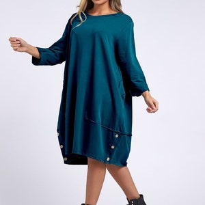Womens Italian Buttoned Hem Lagenlook Cotton Long Sleeve Tunic Dress Plus Top Teal