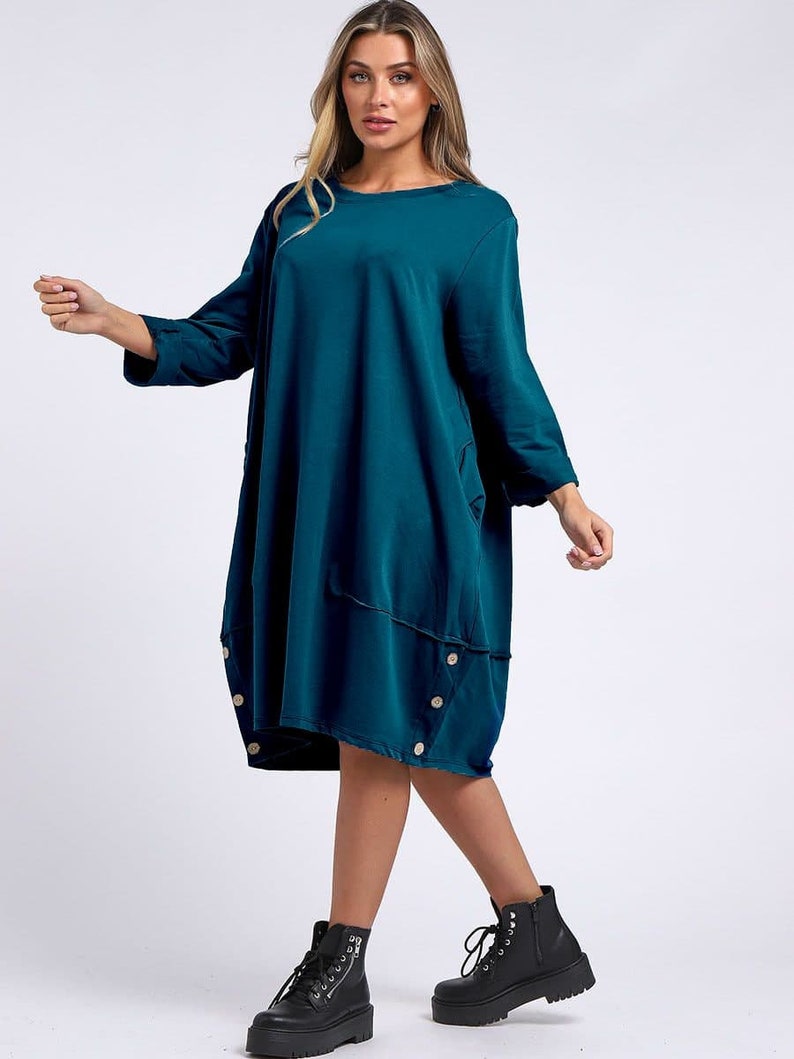 Womens Italian Buttoned Hem Lagenlook Cotton Long Sleeve Tunic Dress Plus Top Teal