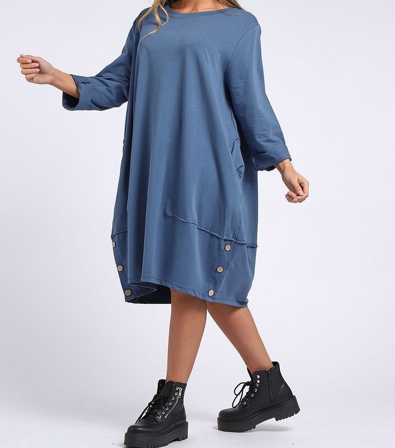 Womens Italian Buttoned Hem Lagenlook Cotton Long Sleeve Tunic Dress Plus Top Denim Blue