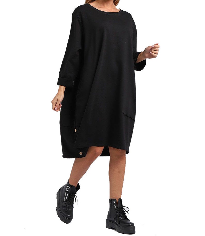 Womens Italian Buttoned Hem Lagenlook Cotton Long Sleeve Tunic Dress Plus Top Black