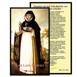 May include: A vintage-style religious prayer card featuring a portrait of Saint Louis Beltran, a Catholic saint. The card has a gold border and includes a prayer in Spanish.
