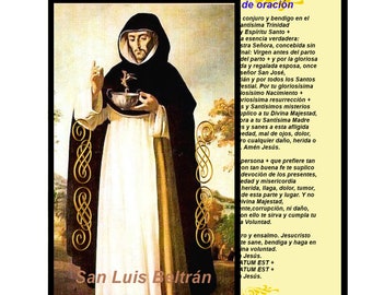 San Luis Beltran Tarjeta de Rezo Italiana Oracion con Ensalmo y Rogativa Laminada con Detalles Dorados