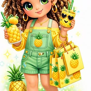 Può includere: Illustrazione di una ragazza con top giallo e salopette verde, che tiene in mano una bevanda all'ananas e borse della spesa. Le borse e la salopette presentano disegni di ananas. Indossa un fiocco e sandali gialli, con un'ananas intera e fette vicine.