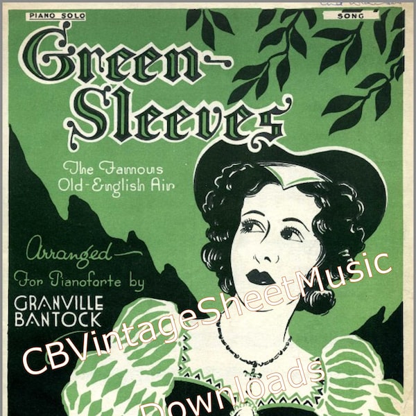 Greensleeves - Vintage Sheet Music Download, Piano Solo, Old English Music Air, Tudor Folk Song, Arr. Granville Bantock 1943, Music to Print