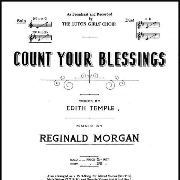 Count Your Blessings - Vintage Sheet Music Digital Download, Voice & Piano, Lyrics Edith Temple, Music Reginald Morgan, 1946, Printable PDF