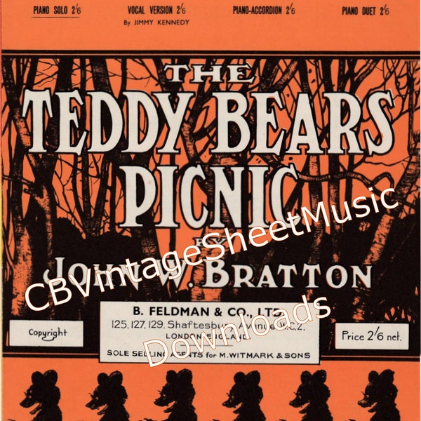 The Teddy Bears Picnic, Sheet Music to Download, Children's Tunes, Children's Nursery Songs, Piano Solo Instrumental, 1900s, Bratton 1907