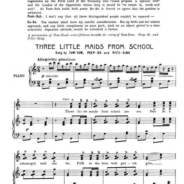 Three Little Maids From School, The Mikado - Vintage Sheet Music Download, Words Music Gilbert & Sullivan, 1885, Piano, Vocals,Printable PDF