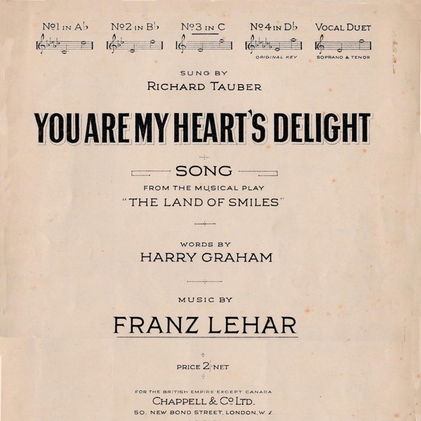 You Are My Heart's Delight  - Sheet Music Download, 1920s  Musicals, Words Harry Graham, Music Franz Lehar, 1929, from The Land of Smiles