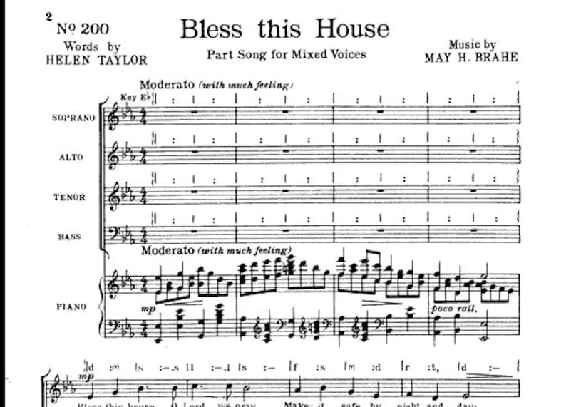 Bless This House Sheet Music Download, Piano and Lyrics, Mixed Voices