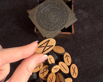 Elder Futhark Rune Set | Wooden Viking Runes with Engraved Box | Norse Divination Stones | Pagan Gift