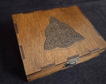 Wooden Tarot Box, Triskelion Engraved, 2 Deck Storage, Witchcraft Altar Case