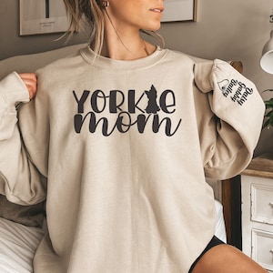 Dog Mom Shirt. Yorkie Mom Sweatshirt with Pet Name on Sleeve Gift for Yorkshire Terrier lover, Fur Mama. Personalized. Trendy Sweatshirt