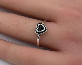 Oxidized Sterling Silver Double Heart Ring: Black Onyx Solitaire