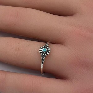 Silver Stone Solitaire Flower Ring Solid 925 Sterling Silver 6.6 mm Oxidized Round Natural Genuine Turquoise Ring Women Gift for her