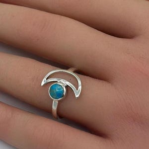 Silver Stone Solitaire Moon Ring Solid 925 Sterling Silver 14.6 mm Oxidized Round Natural Genuine Turquoise Ring Women Gift for her
