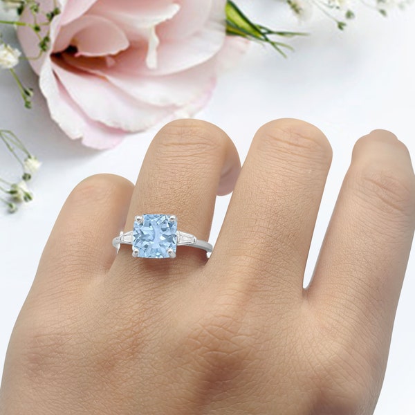 Asscher Cut Art Deco Wedding Ring Bridal Baguette Simulated Aquamarine Anniversary Promise Ring New Design