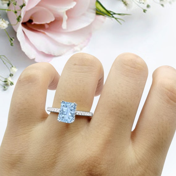 Art Deco Radiant Cut Engagement Ring Simulated Aquamarine