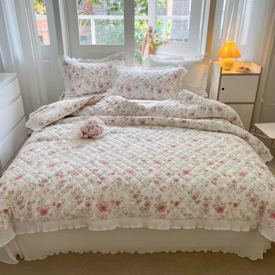 White Floral 100 Cotton Quilted Duvet Cover Set, Pink Rose Cottagecore
