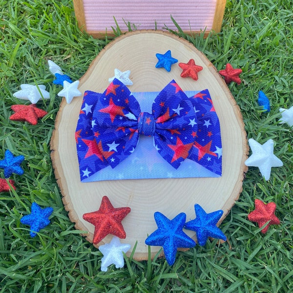 Blue Stars 4th of July Head Wrap, 4th of July Bows, Star Head Wrap, Stretchy Bows for babies.