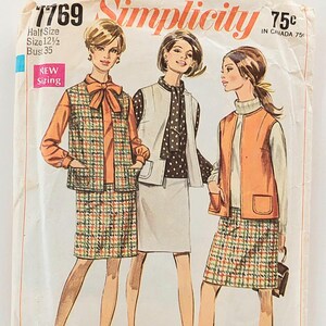 Vintage 1960s Simplicity 7769 Sewing Pattern Size 12 1/2 Bust 35, Uncut Retro Pattern, 1960s Skirt, Blouse, and Sleeveless Jacket