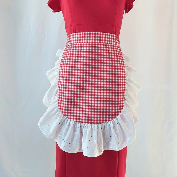 Vintage 1950s style Apron, Retro Red Gingham Apron, Feminine Half Apron with Ruffles, Cute Valentine's Day Apron, Size S/M