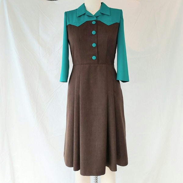 1940s A-Line Dress, Reproduction 40s Dress, Authentic 1940s Style Clothing, WWII Reenactment Clothing, Vintage Two Tone Pleated Dress