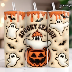 3D inflated halloween tumbler 20oz wrap, spooky season tumbler sublimation, 3D puffy ghost tumbler, skinny tumbler designs, pumpkin tumbler