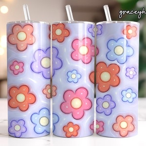 Gobelet de marguerite gonflé en 3D 20oz enveloppement, sublimation de gobelet floral, gobelet de fleurs gonflées 3D, conceptions de gobelet maigres, sublimation de gobelet rétro
