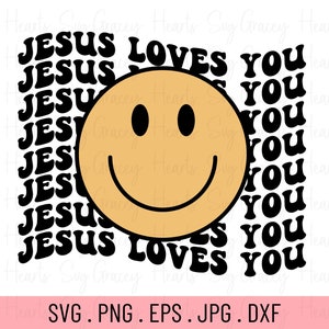 May include: A black and yellow graphic design with the text "JESUS LOVES YOU" repeated multiple times. A large yellow smiley face is in the center of the design.