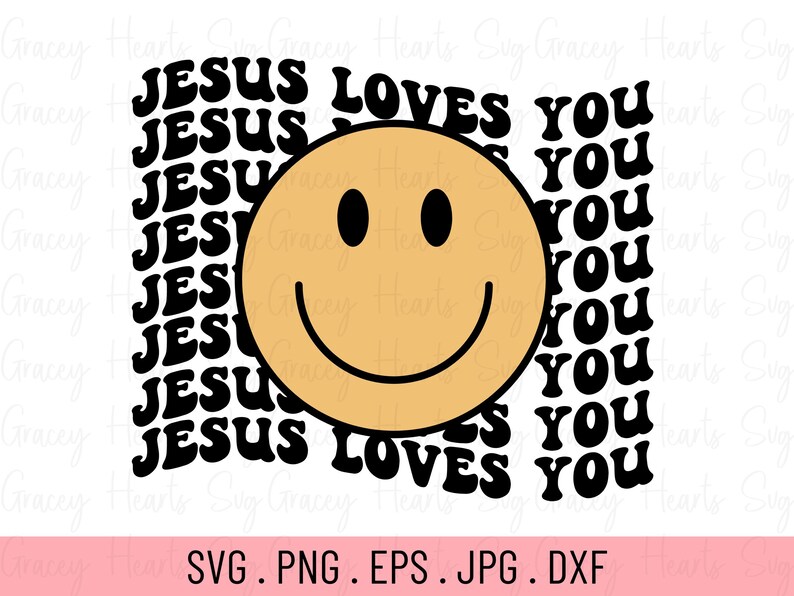 May include: A black and yellow graphic design with the text "JESUS LOVES YOU" repeated multiple times. A large yellow smiley face is in the center of the design.
